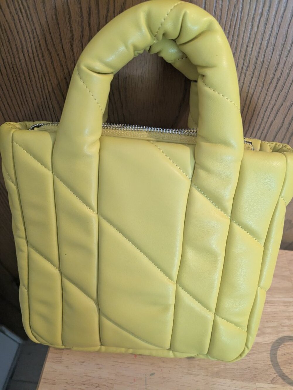 Zara Quilted Midi Tote Hand Bag/Crossbody Zip Faux Leather-Lime Green/Yellow - Picture 8 of 8